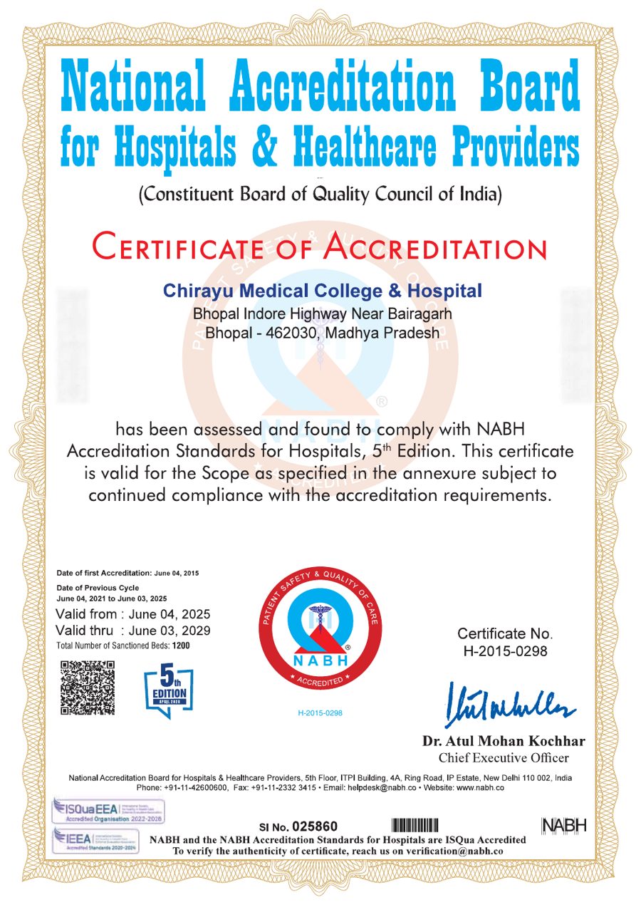 NABH Certificate of Accreditation 2025-2029, Chirayu Medical College & Hospital